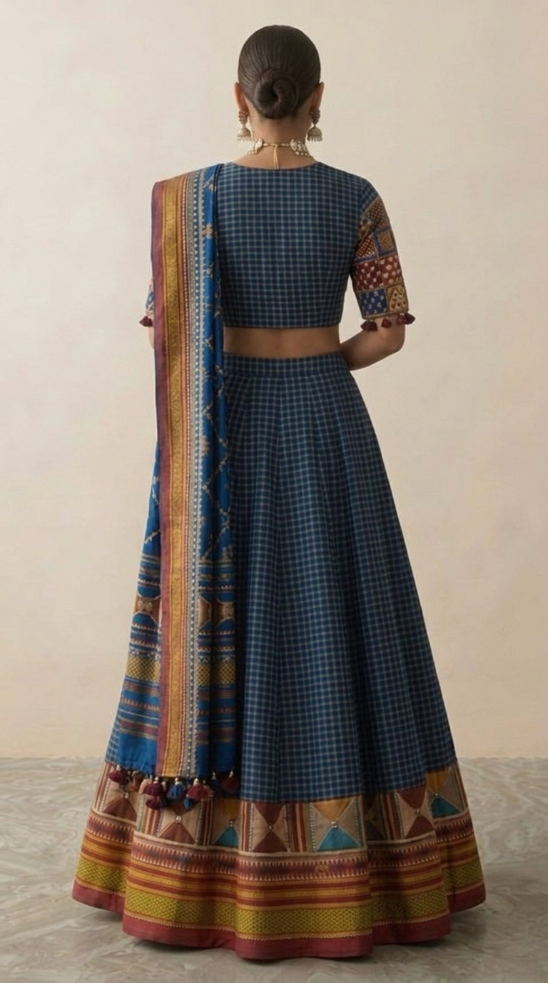 Ilkal Checks Lehenga  Kasuti Hand-Embroidered