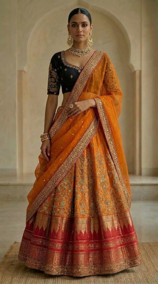Orange Embroidered Silk Lehenga with Black Blouse
