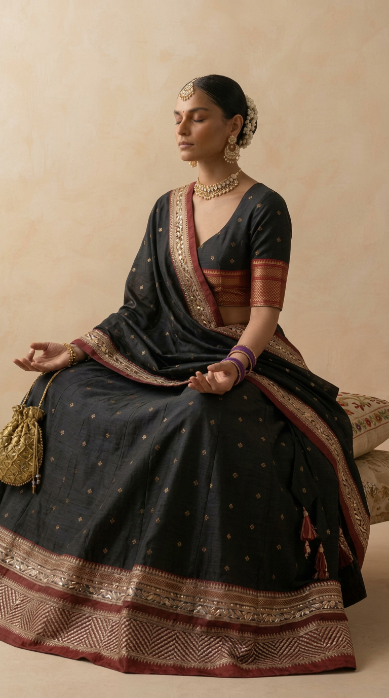Ilkal Handloom Black Silk Lehenga Set with Zari Weave & Deep Red Border