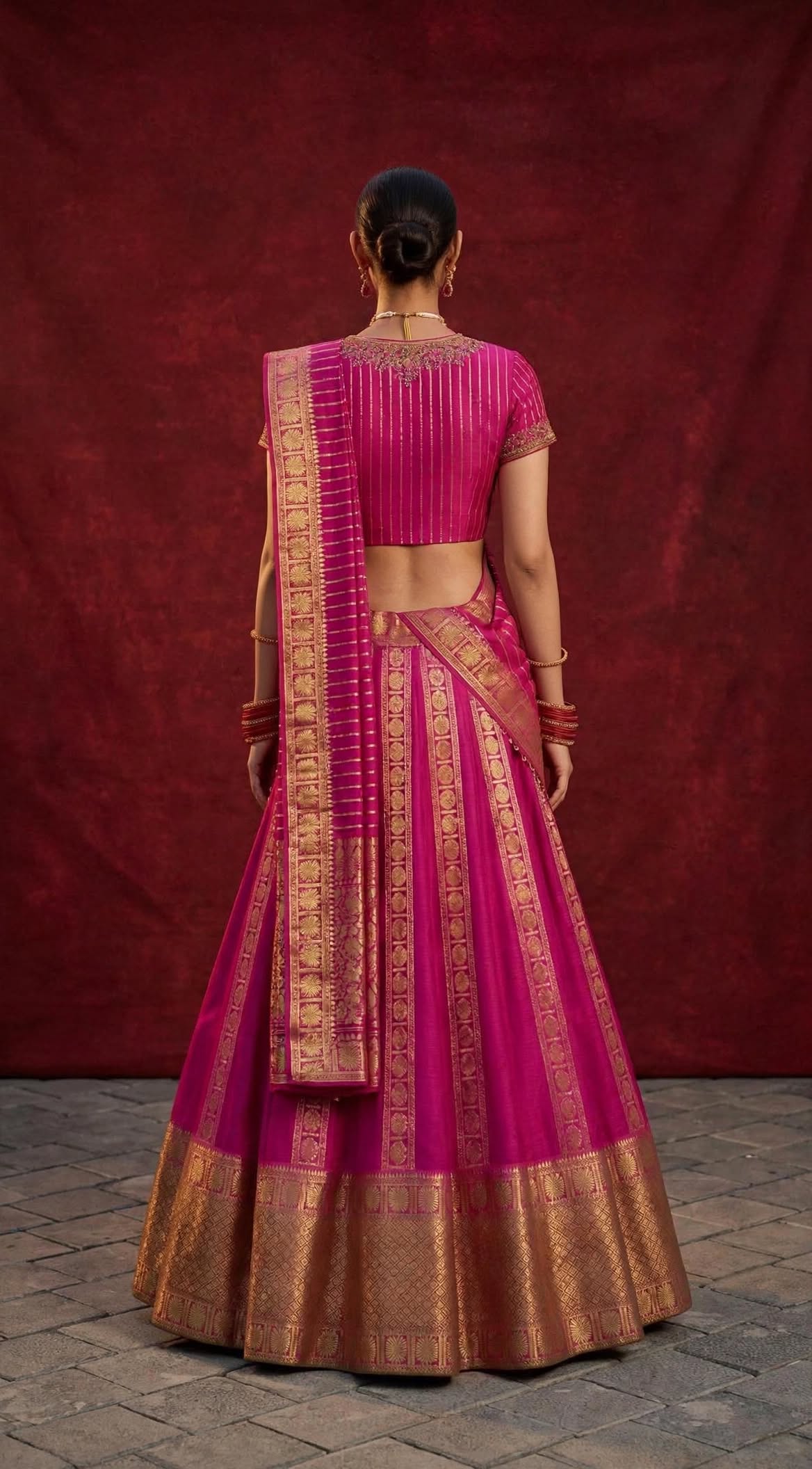 Handloom Molkalmuru Silk Lehenga in Rani Pink with Antique Gold Zari