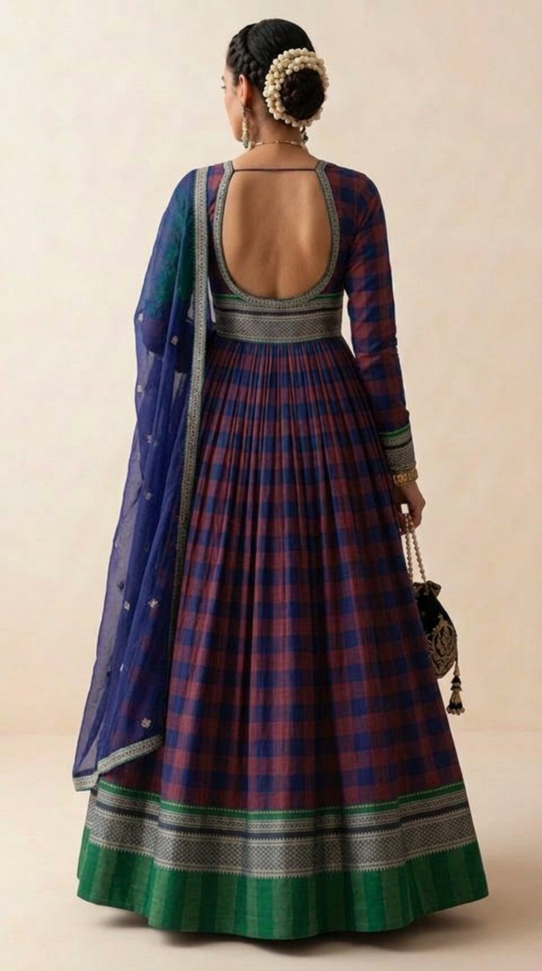 Navy Blue Ilkal Handloom Anarkali Set