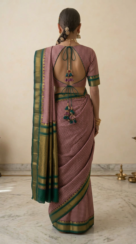 Maroon & Green Checks Handwoven Silk Saree