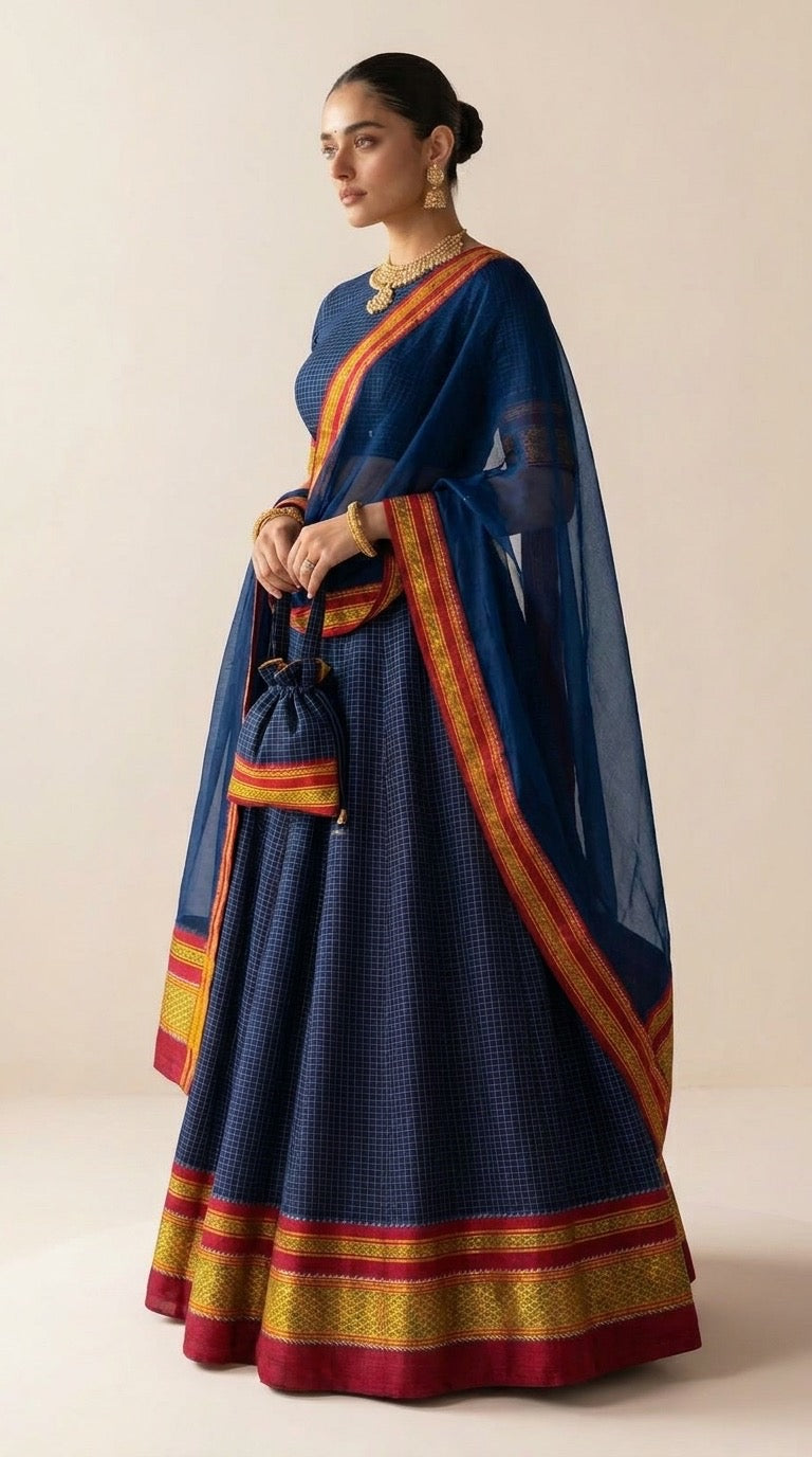Navy Blue Checks Silk Lehenga Set with Zari Border
