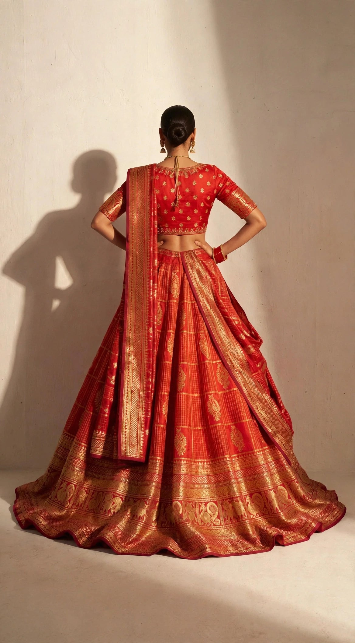 Molkalmuru silk zari half saree lehenga set - back view showing full flare and zari border