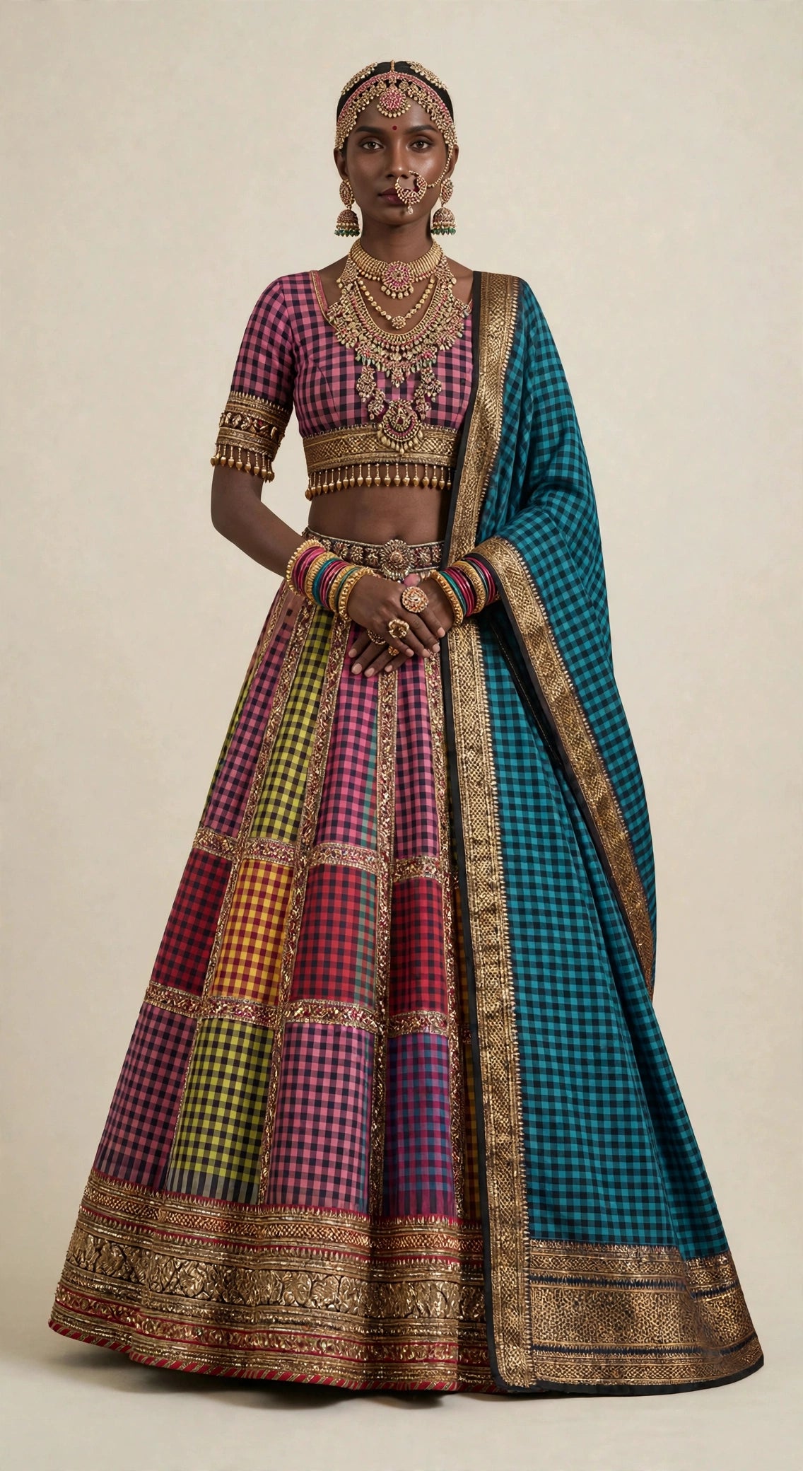 Ilkal Checks Patchwork Lehenga with Peacock-Blue Ilkal Dupatta
