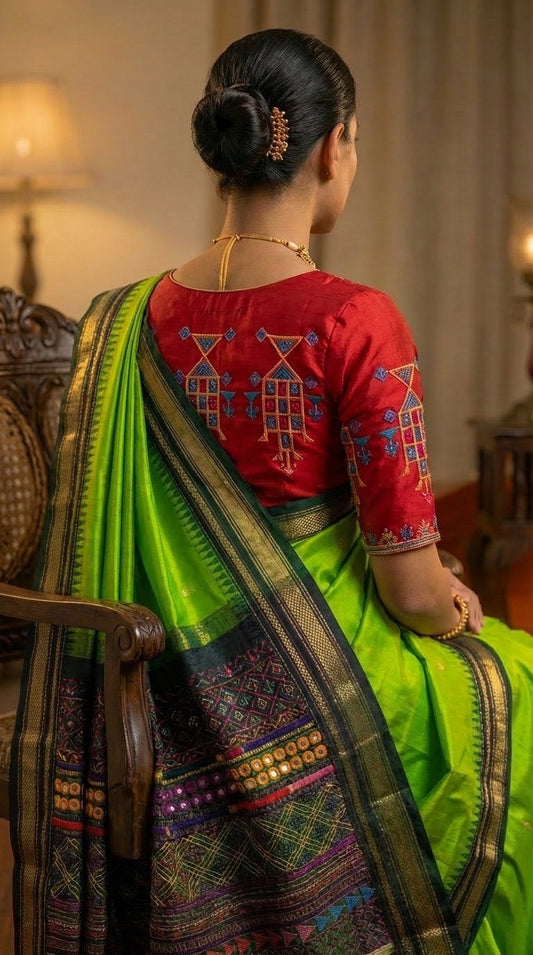 Red Silk Blouse with Multicolor Tribal Embroidery