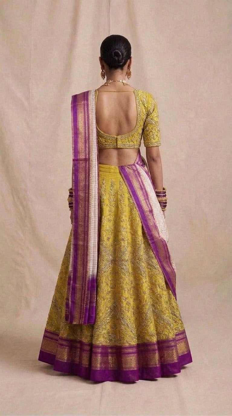 Haldi Yellow Ilkal Lehenga Set — Festive Edit, front seated view
