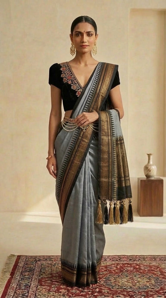 Ilkal Saree – Steel Grey & Black
