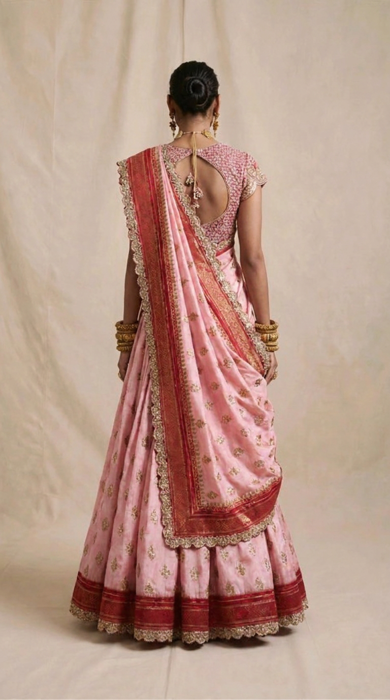Blush Pink Ilkal Silk Lehenga Set — back view