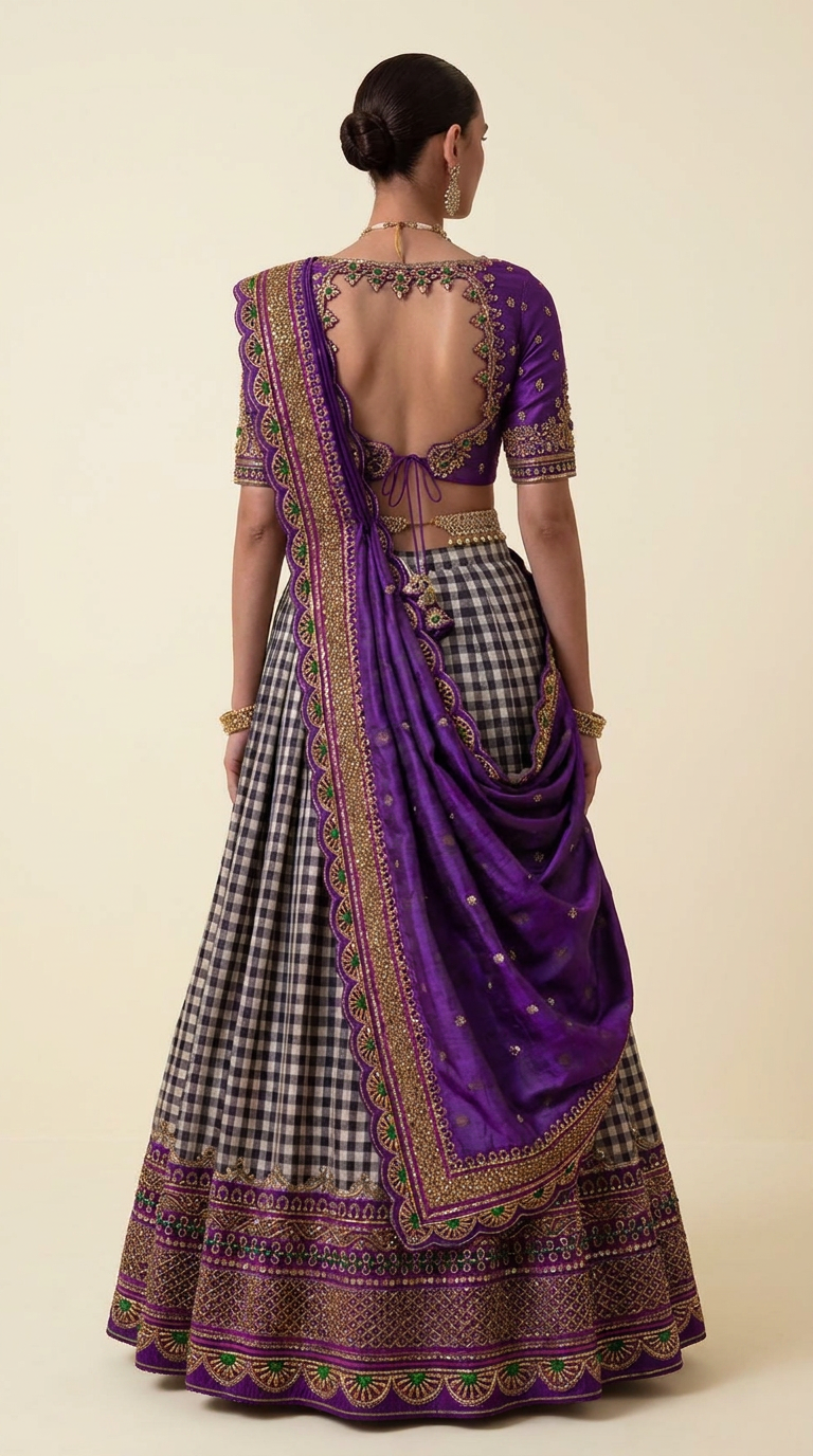 Checks and violet silk lehenga set — back view showing deep backless blouse