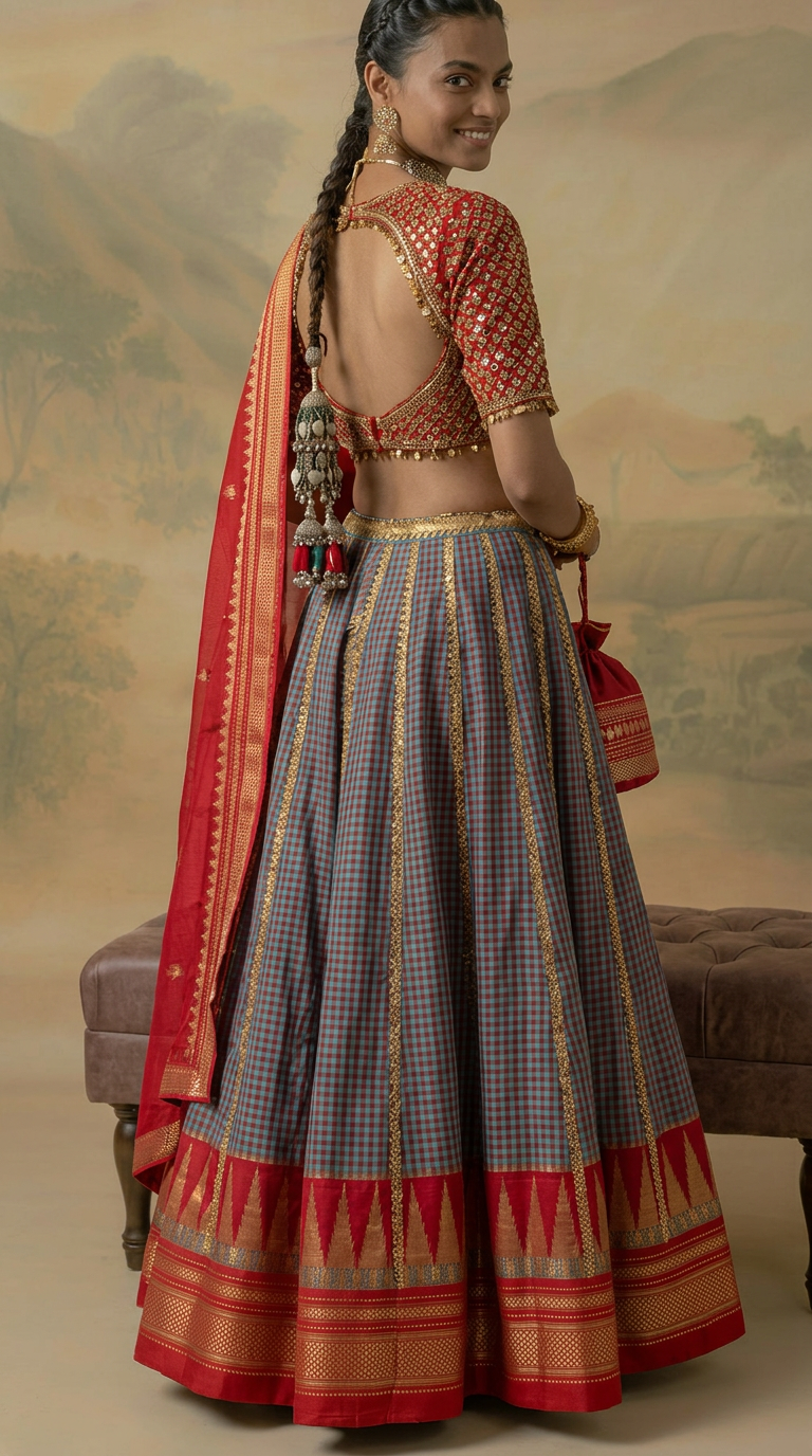 Ilkal Silk Lehenga Set with Embroidered Blouse & Dupatta