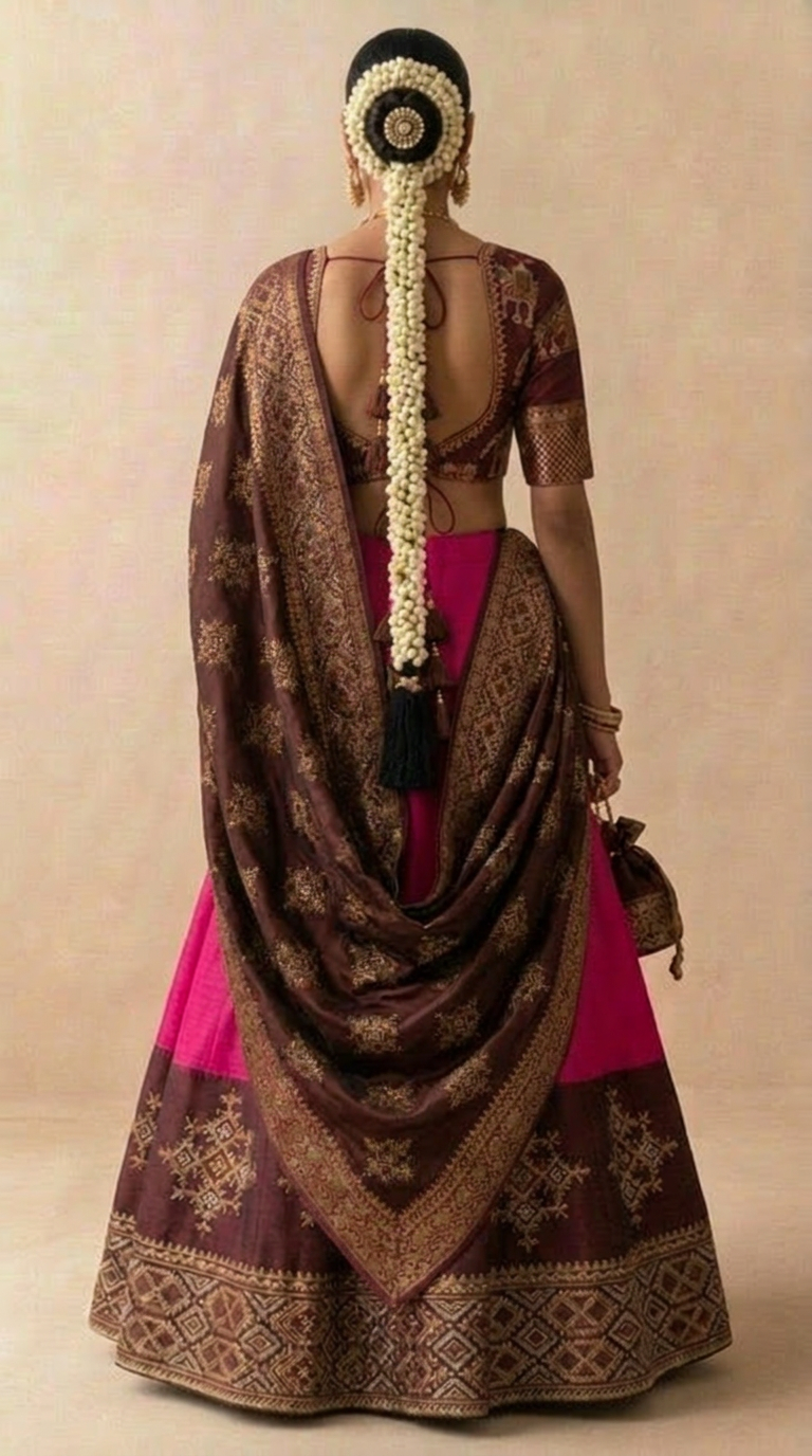 Kasuti Hand Embroidered Ilkal & Molkalmuru Lehenga — Karnataka Handloom
