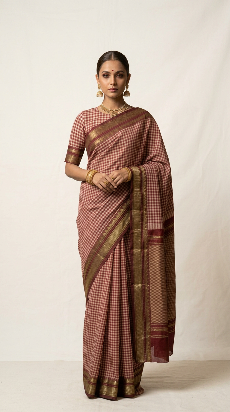 Dusty Rose & Maroon Checks Handwoven Silk Saree