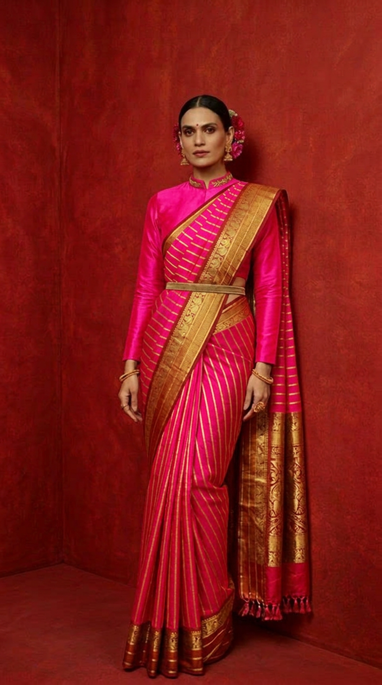 Hot Pink Striped Zari Silk Saree