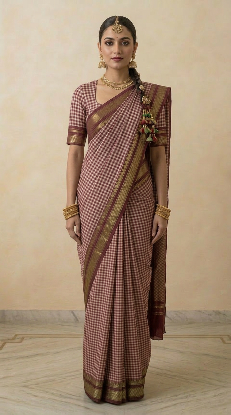 Dusty Rose & Maroon Checks Handwoven Silk Saree