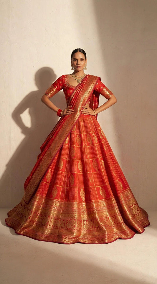 Molkalmuru silk zari half saree lehenga set - front view, vermillion red with gold zari