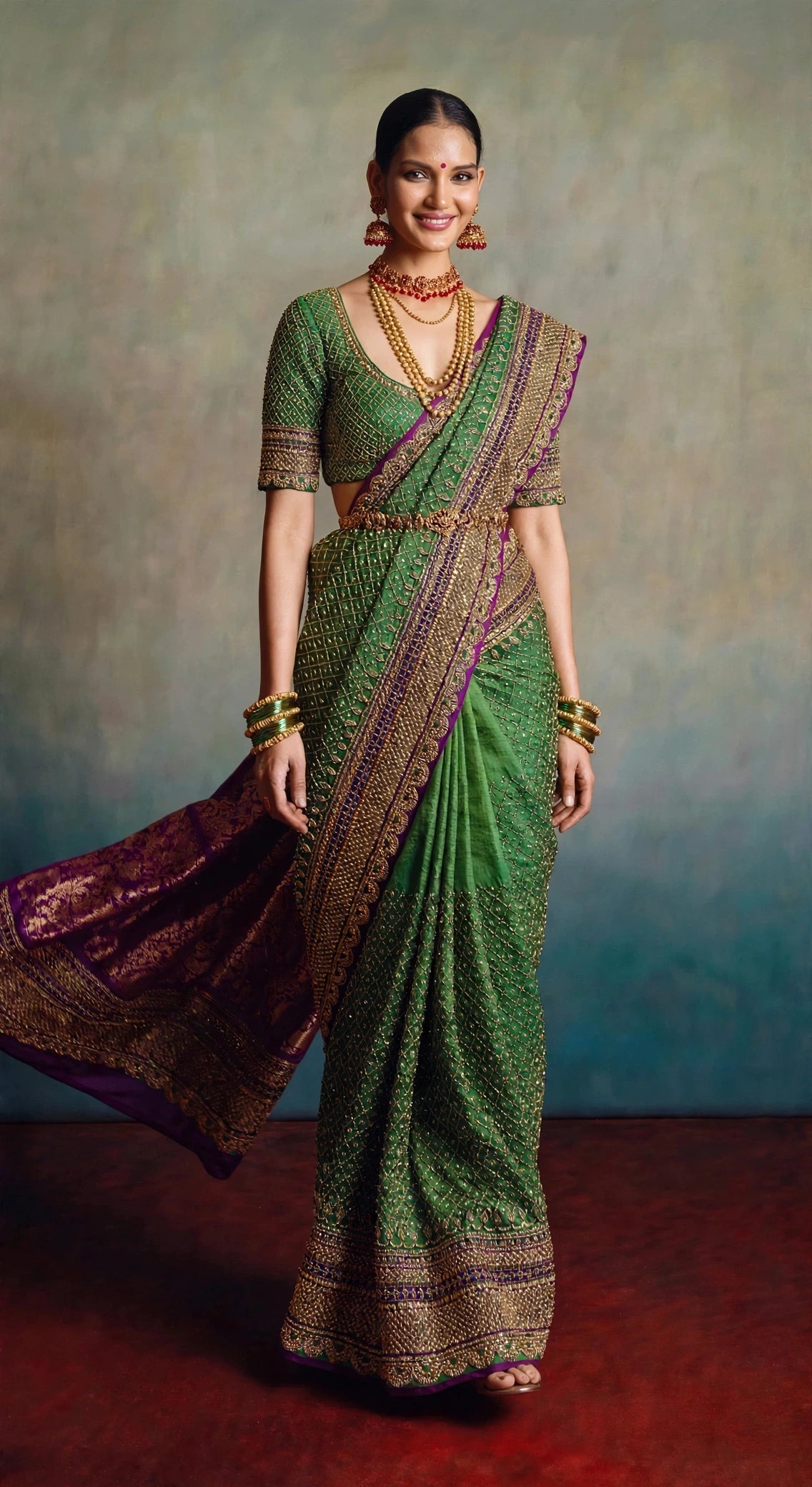 Karnataka Rewoven saree — back view showing open-back blouse and full embroidery coverage