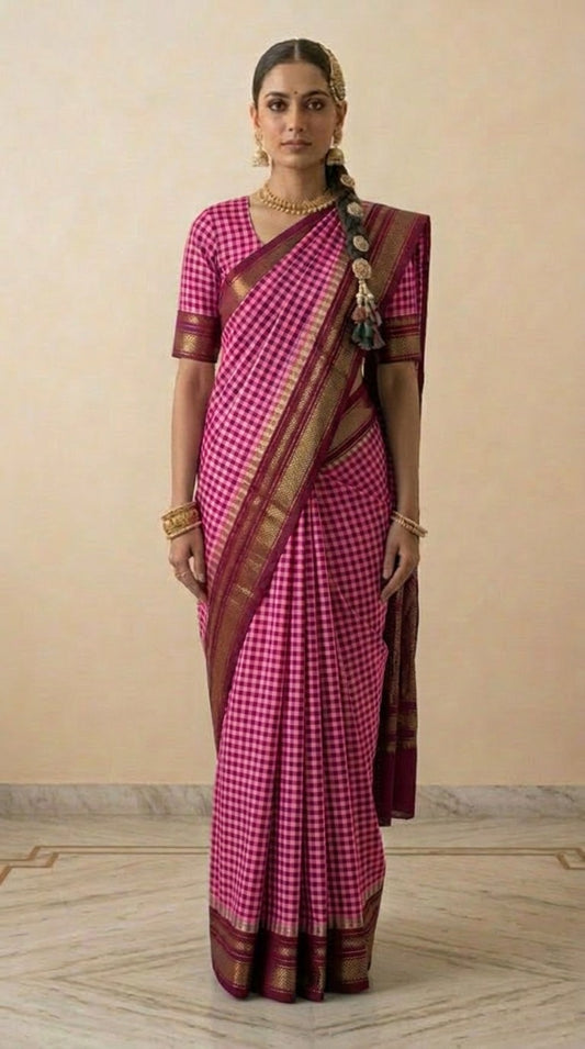 Magenta & Maroon Checks Handwoven Silk Saree