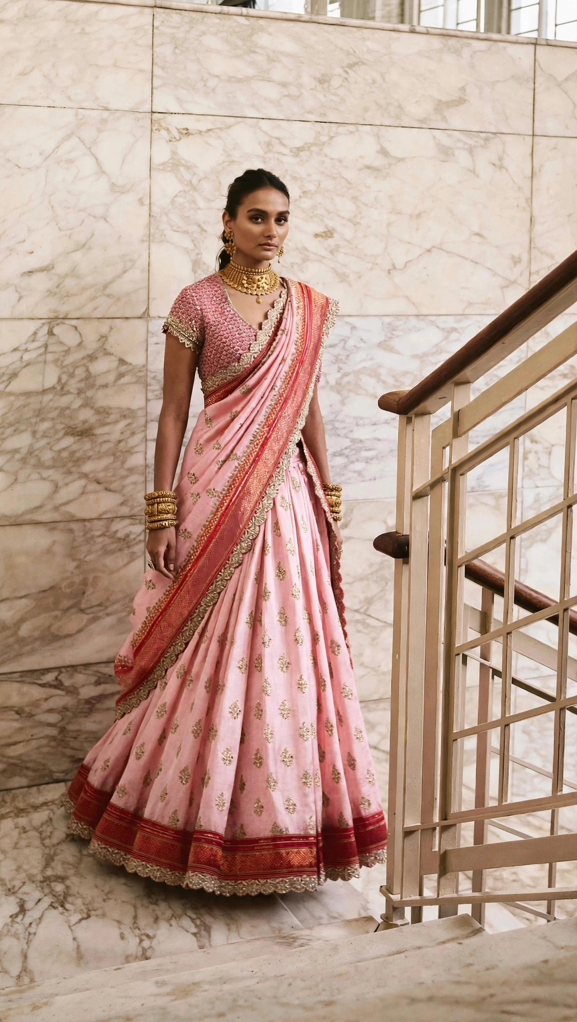 Blush Pink Ilkal Silk Lehenga Set — staircase editorial view