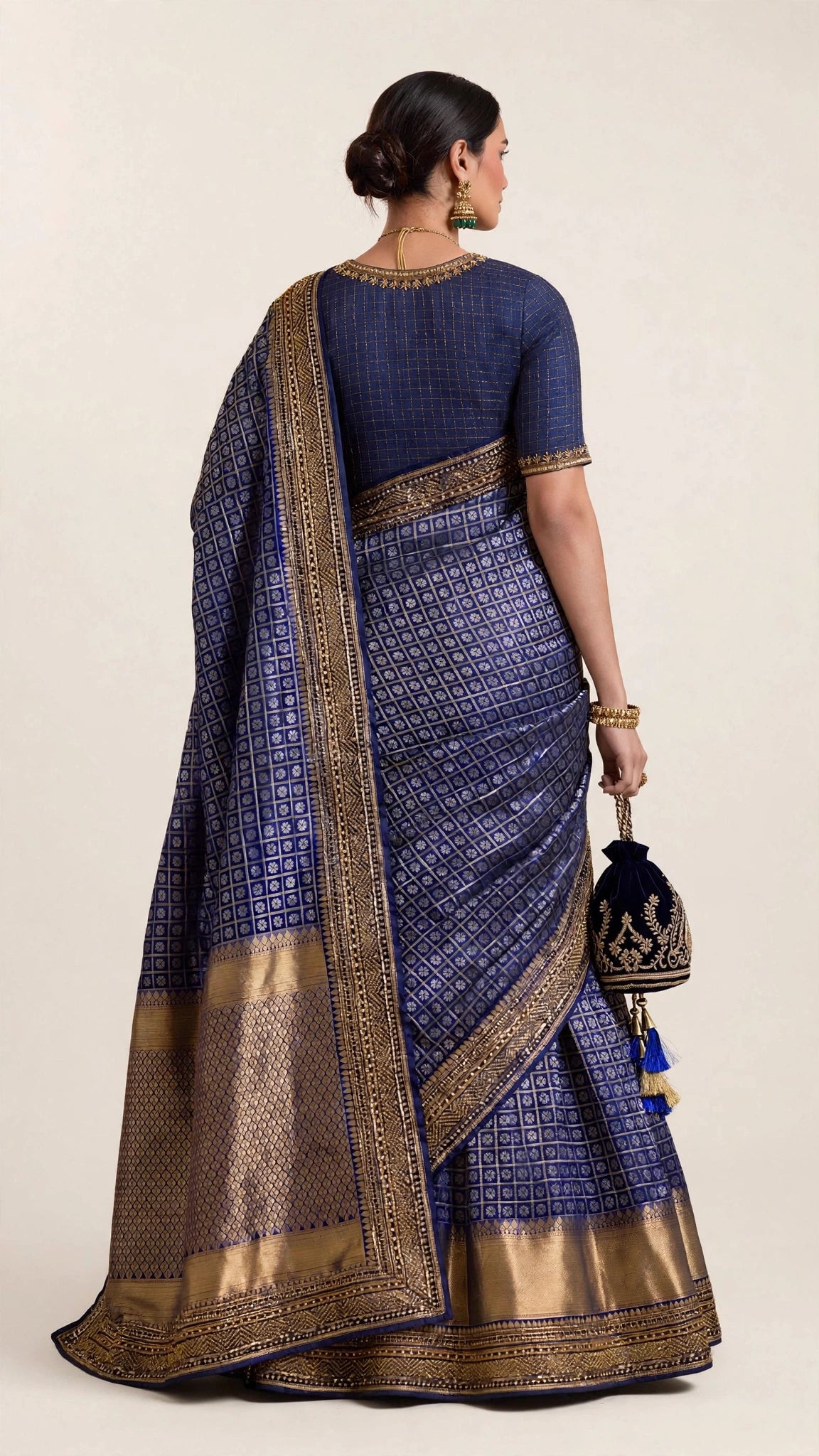 Navy Blue Karnataka Handloom Silk Saree with Thread Jaali & Zari Bead Embroidery