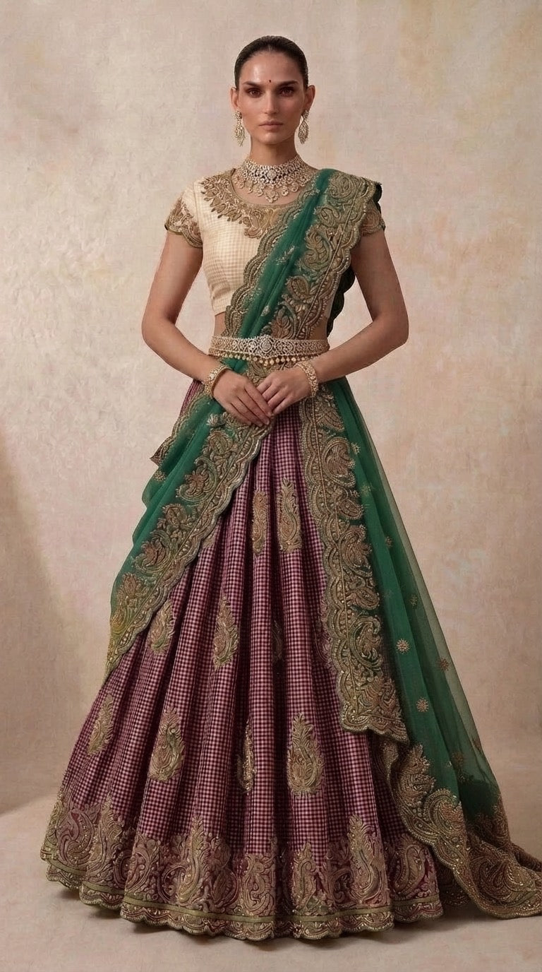 The Wine Checks Bridal Lehenga Set — front view showing full circular skirt, teal dupatta drape and cream-gold blouse