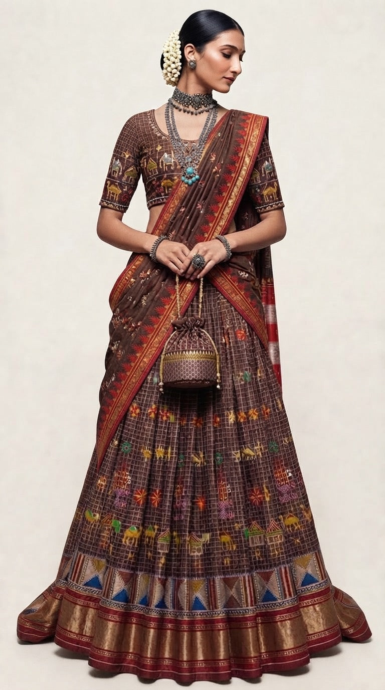 The Gudda Folk Ilkal lehenga — front view showing handwoven folk motifs and red zari dupatta