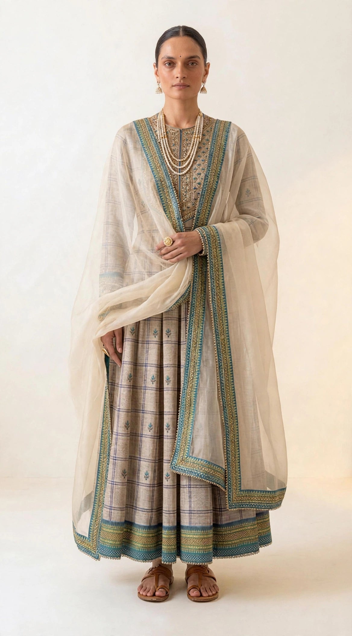Grey Ilkal check handloom anarkali set with ivory organza dupatta - front view