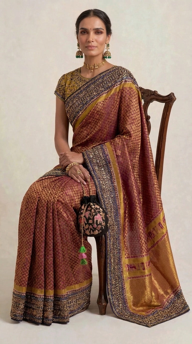 Crimson zari silk saree — side profile showing drape and pallu