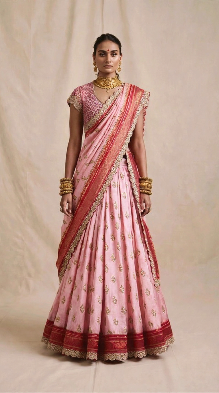 Blush Pink Ilkal Silk Lehenga Set — front view