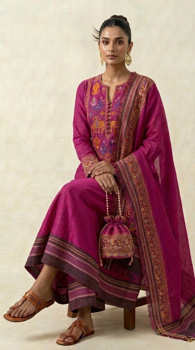 Magenta Ilkal Cotton Anarkali Set with Kasuti Embroidery