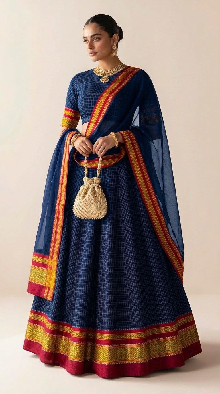 Navy Blue Checks Silk Lehenga Set with Zari Border