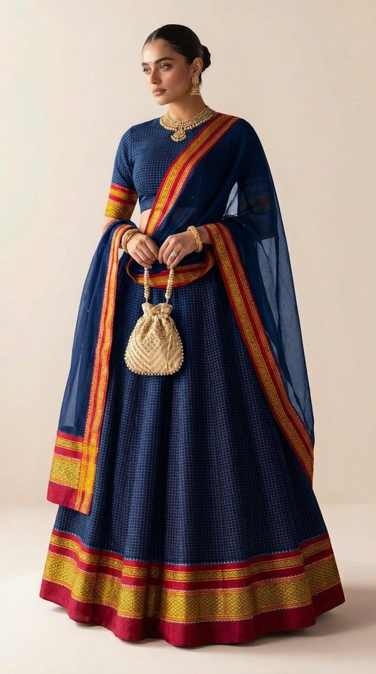 Navy Blue Checks Silk Lehenga Set with Zari Border