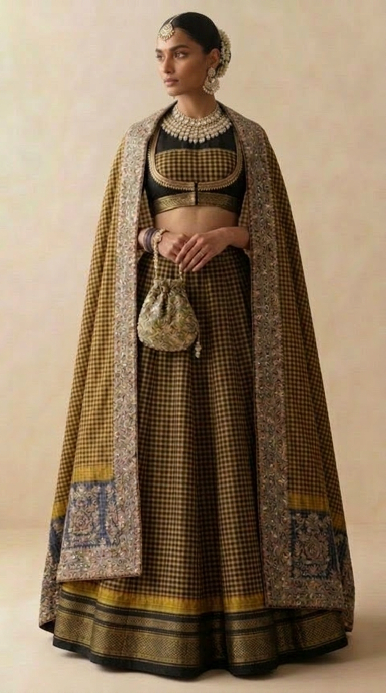 Mustard Checks Lehenga Set