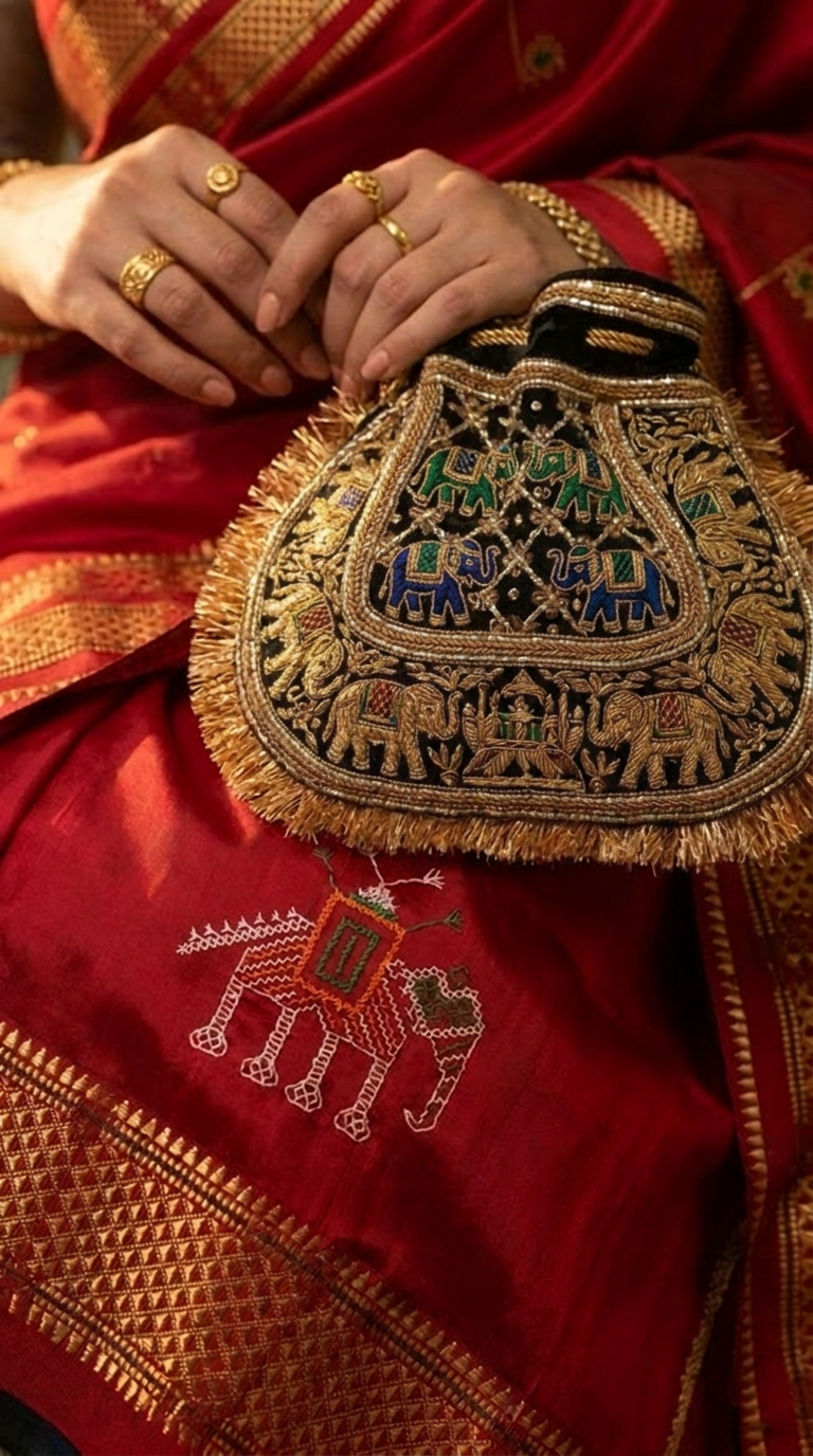 Zardozi Hand Embroidered Silk Potli — Elephant Motif in Gold & Velvet