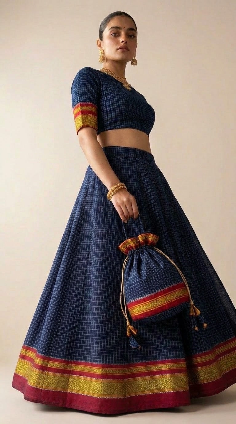 Navy Blue Checks Silk Lehenga Set with Zari Border