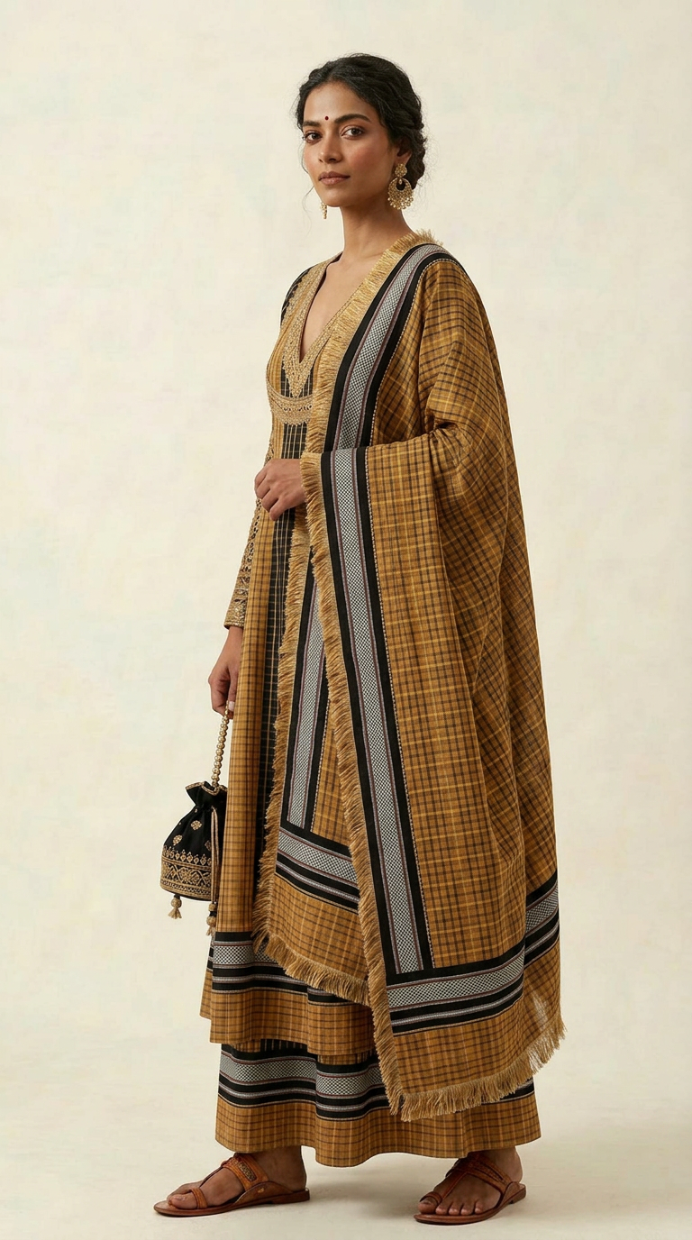 Model wearing mustard Ilkal handloom anarkali set with zardosi zari embroidery, front view