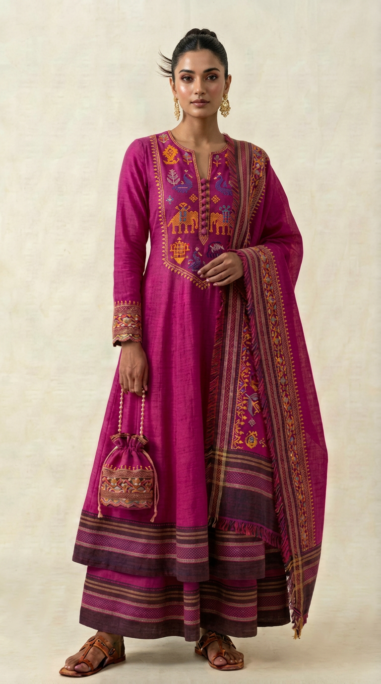 Magenta Ilkal Cotton Anarkali Set with Kasuti Embroidery