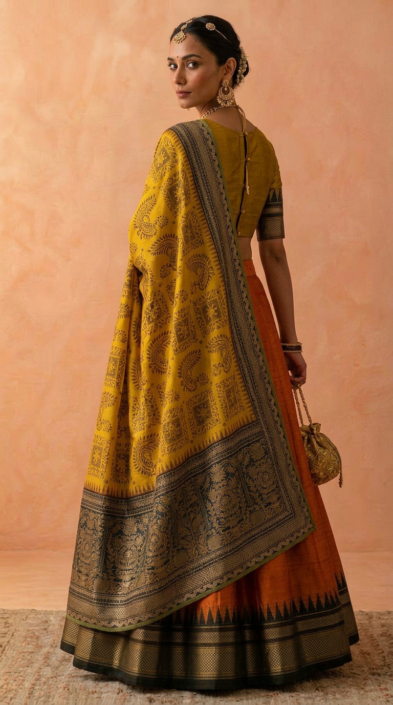 Silk Lehenga Set – Marigold & Rust in handwoven silk