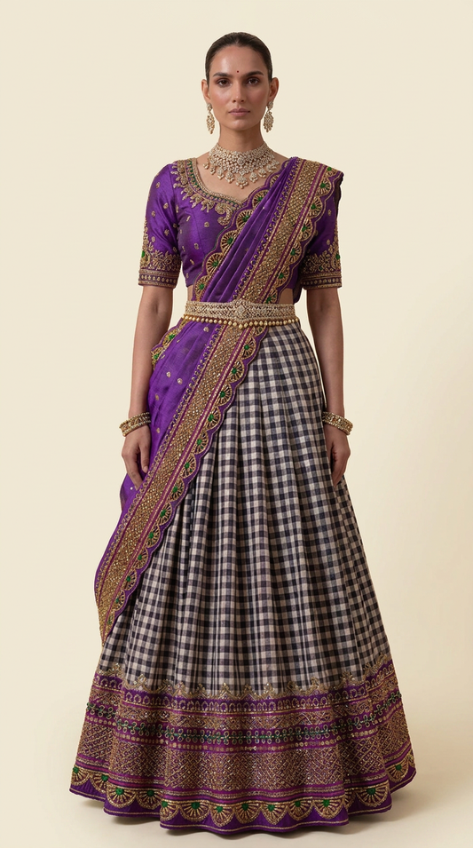 Checks and violet silk lehenga set — front view