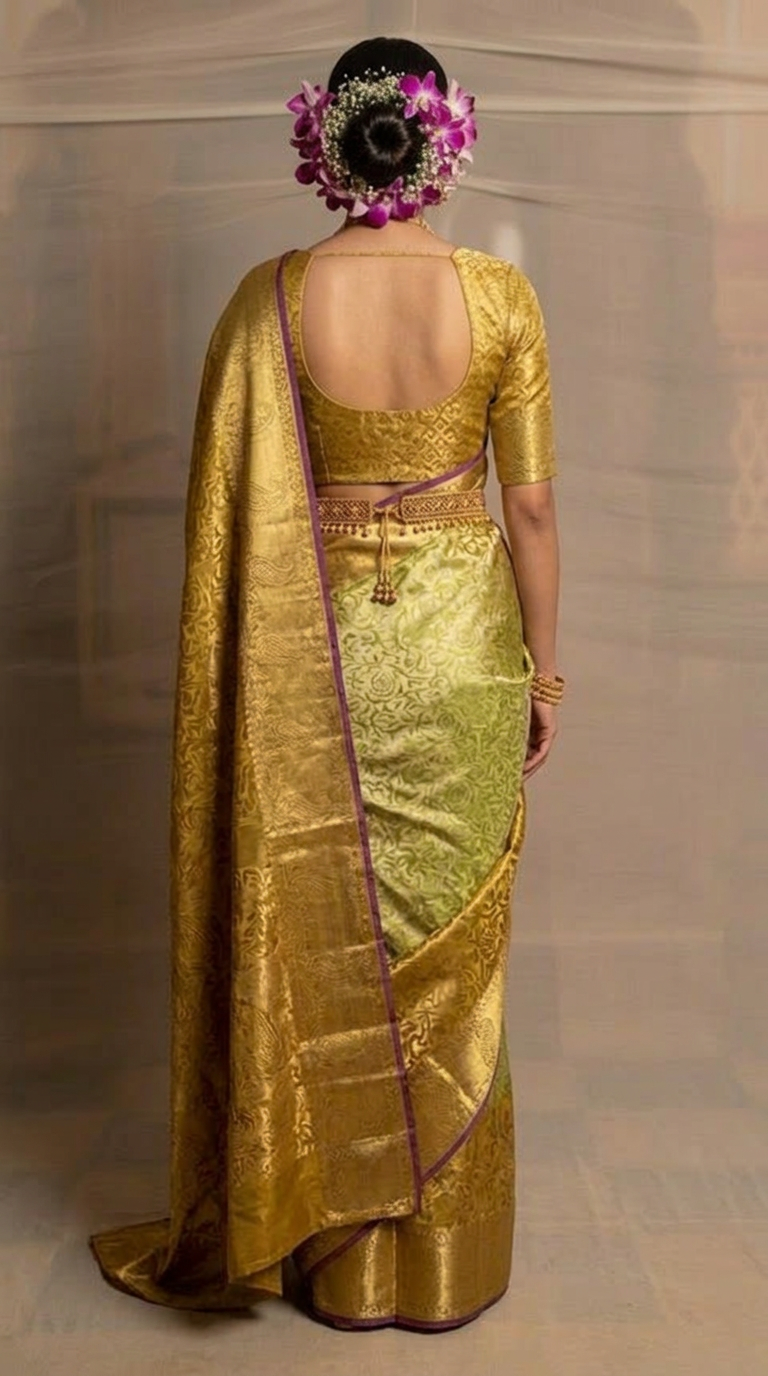 Parrot Green and Gold Tissue Silk Saree