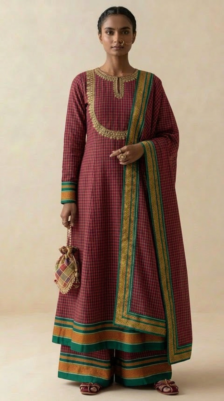 Crimson Gingham Kurta Set with Zari Border Dupatta