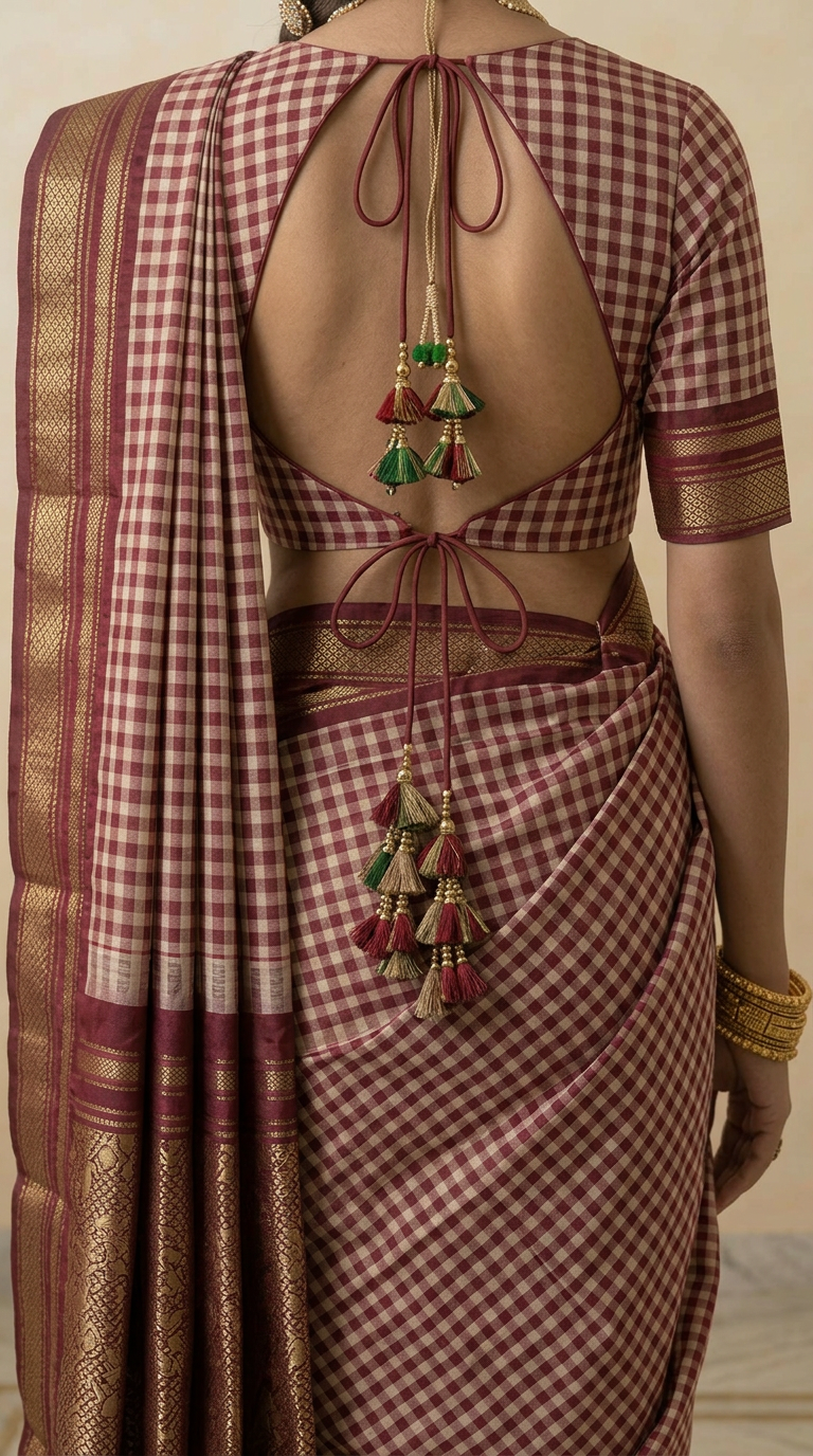 Dusty Rose & Maroon Checks Handwoven Silk Saree