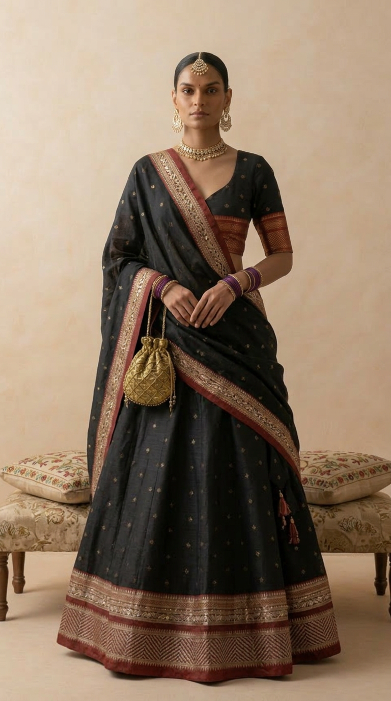 Ilkal Handloom Black Silk Lehenga Set with Zari Weave & Deep Red Border