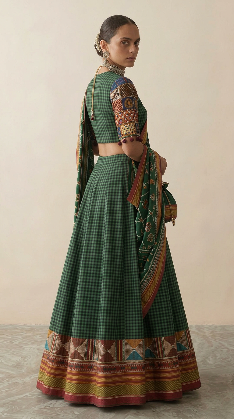 Ilkal Silk Lehenga Set with Patchwork Embroidered Blouse & Embroidered Dupatta