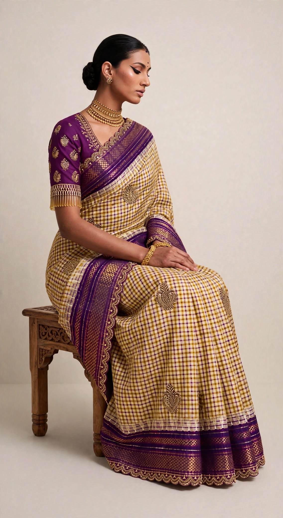 Mustard checks handloom silk saree with purple zari border — seated view