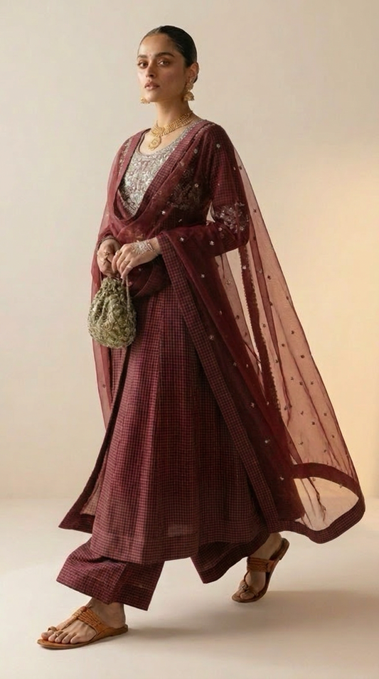 Ensemble Anarkali brodé marron