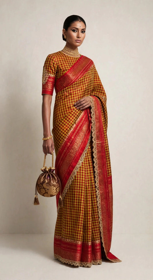 Mustard checks handloom silk saree - three-quarter front view