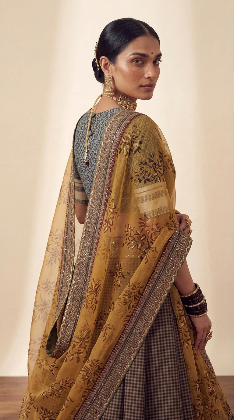 Handloom Ilkal Khanna lehenga set - back view with dupatta