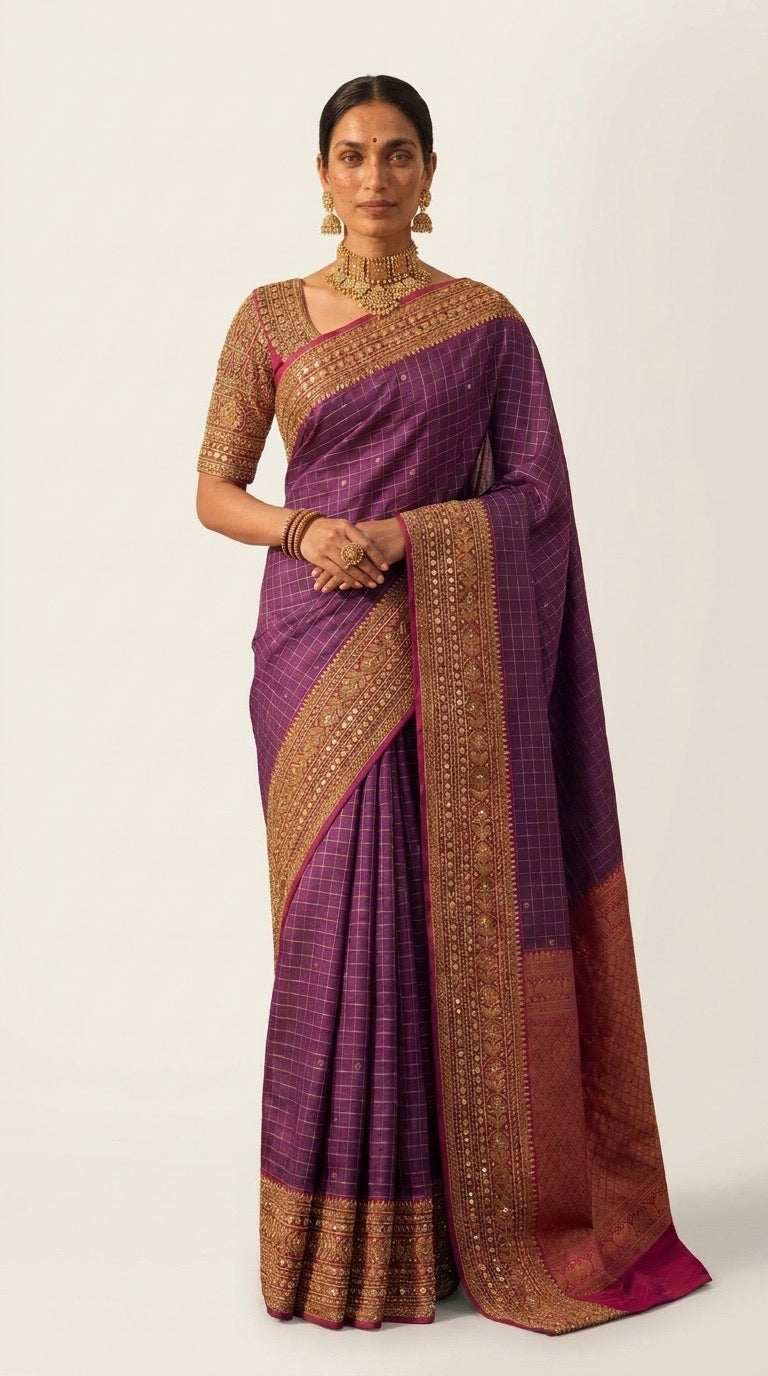 Molkalmuru silk zari saree in amethyst purple - front view standing