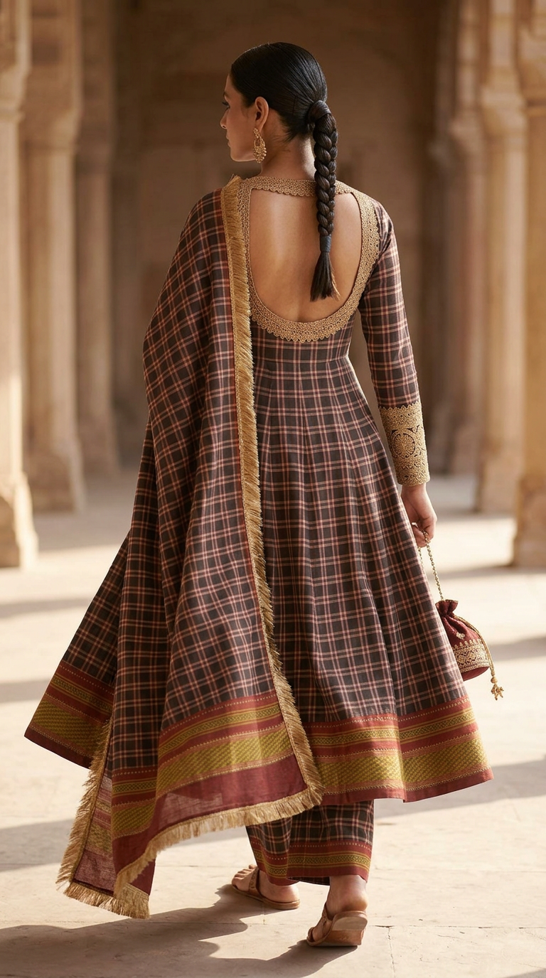 Ilkal Handloom Anarkali Set — Vintage Coffee Checks